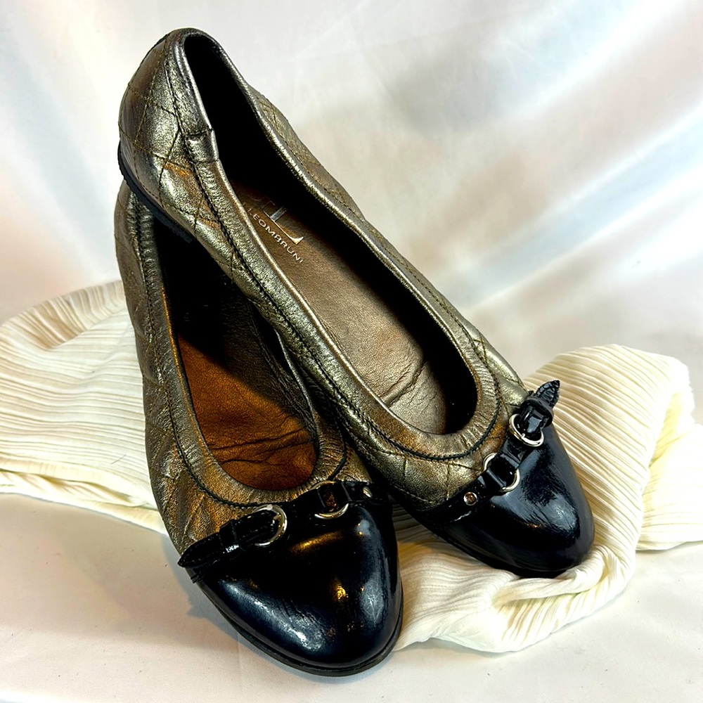 AGL Size 42-1/2 Black patent leather toe with Gold Quilted flat with Silver.